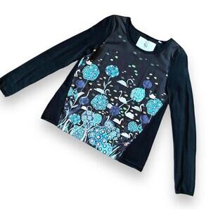 Anthropologie Swan Graphic Lightweight Sweater Top Sz S Black Multi Whimsical